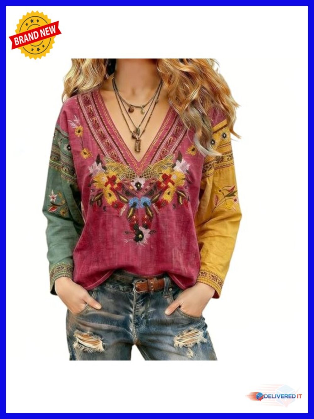Vintage Floral Embroidery V Neck Long Sleeve Cotton Blouse Boho Peasant Top